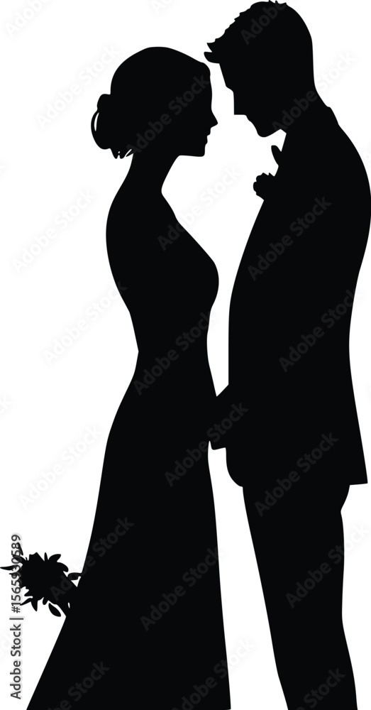 Romantic wedding couple: elegant black vector silhouette illustration Romantic wedding couple: elegant black vector silhouette illustration