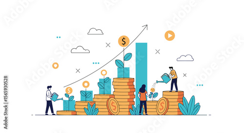 Illustrating the concept of financial growth and investment strategies in a simplified animated style featuring people nurturing stacked coins and a rising bar graph indicating profit and success