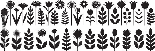  Collection of black and white flower silhouettes including daisies, tulips, sunflowers, roses, irises, and more, arranged in a neat grid for a cohesive and minimalist floral design.