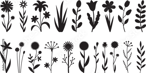  Collection of black and white flower silhouettes including daisies, tulips, sunflowers, roses, irises, and more, arranged in a neat grid for a cohesive and minimalist floral design.