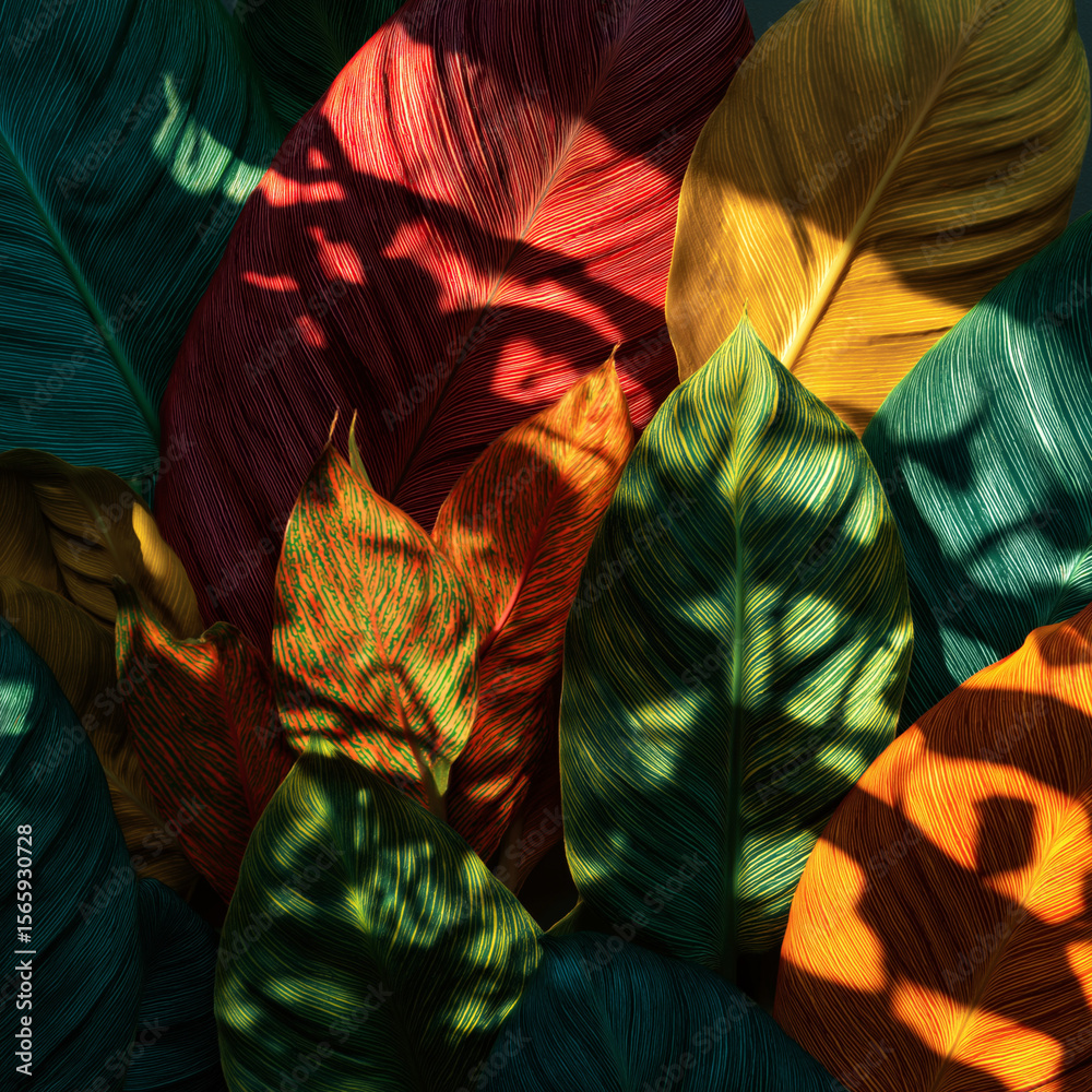 Fototapeta premium Close-up of bright tropical leaves in overlapping geometric shadows