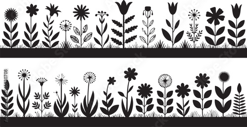  Collection of black and white flower silhouettes including daisies, tulips, sunflowers, roses, irises, and more, arranged in a neat grid for a cohesive and minimalist floral design.