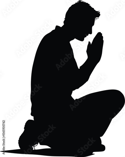 Vector silhouette: Man kneeling, praying, somber, pensive, hopeful pose.
