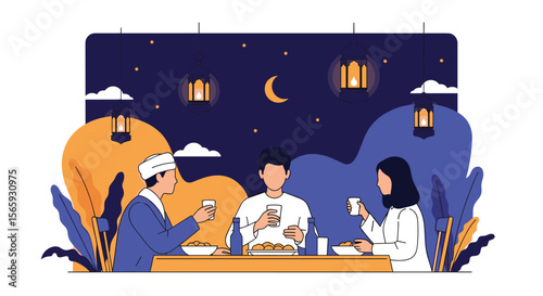 Family gathered together enjoying a delightful meal under the starry night sky during festive celebrations
