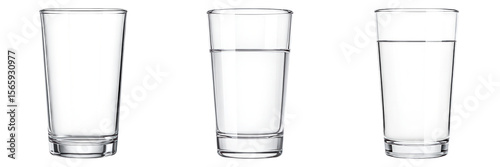 Glass empty half full and full water level perception contrast concept with clear transparent container
