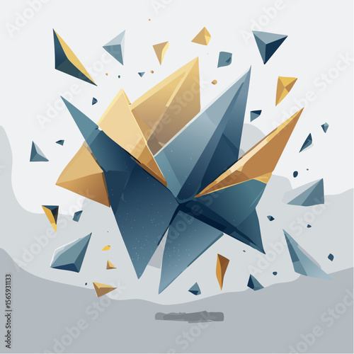 A dynamic vector of fractured glass-style shapes in steel blue, ivory, and gold. Crisp, high-contrast lines create a striking modern look for bold visuals.