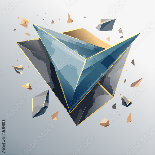 A dynamic vector of fractured glass-style shapes in steel blue, ivory, and gold. Crisp, high-contrast lines create a striking modern look for bold visuals.