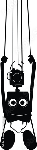 Vector illustration: Playful robot puppet silhouette, hanging, dark mood.