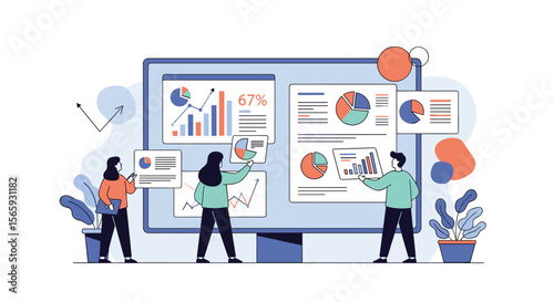 Team of Professionals Analyzing Financial Data and Charts on a Large Computer Screen Showing Growth and Statistics for Business Strategy