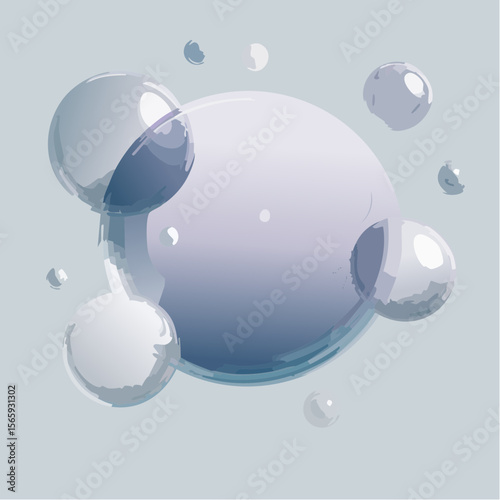 A futuristic vector with floating bubbles and translucent spheres in lavender, sky blue, and silver. Light and airy design with smooth outlines and soft space.