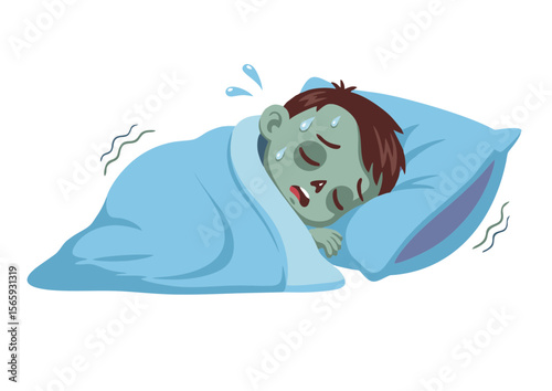 Sick Zombie Lying in Bed Sweating Under Blue Blanket and Pillow.