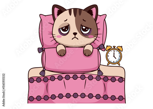 Sad Cartoon Cat in Bed with Pink Pillow and Alarm Clock.