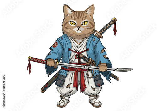 Warrior Cat in Samurai Attire Holding Swords Ready for Battle.
