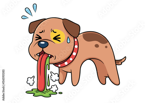 Cartoon Dog Vomiting Showing Sickness Red Collar and Green Puke.