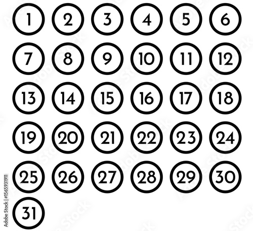 Number Set 1–31 in Circle Outline Icons. Simple round numbers icon set. Set of 1-31 numbers simple symbol