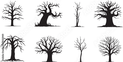  Collection of eight black and white leafless tree silhouettes with distinct shapes, gnarled branches, and varied structures for a stark and minimalist depiction of barren trees.