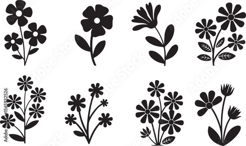  Collection of black and white flower silhouettes including daisies, tulips, sunflowers, roses, irises, and more, arranged in a neat grid for a cohesive and minimalist floral design.