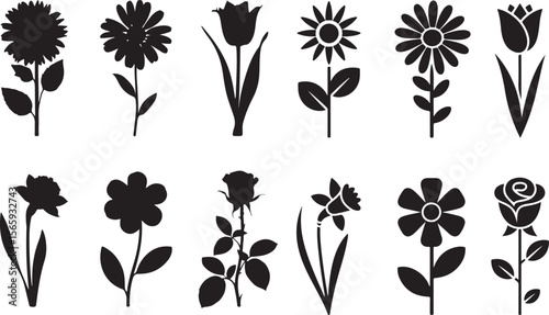  Collection of black and white flower silhouettes including daisies, tulips, sunflowers, roses, irises, and more, arranged in a neat grid for a cohesive and minimalist floral design.