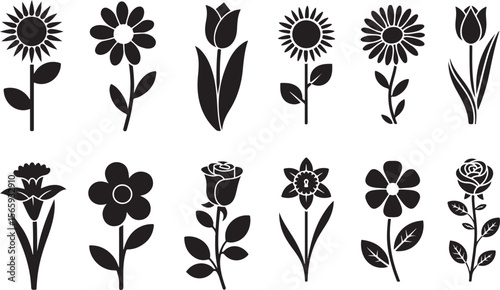  Collection of black and white flower silhouettes including daisies, tulips, sunflowers, roses, irises, and more, arranged in a neat grid for a cohesive and minimalist floral design.
