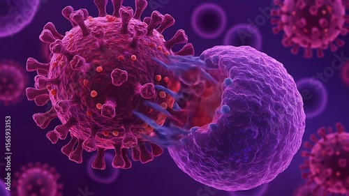 A 3D medical illustration showing an immune cell attacking a coronavirus particle against a purple background