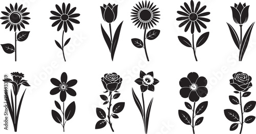  Collection of black and white flower silhouettes including daisies, tulips, sunflowers, roses, irises, and more, arranged in a neat grid for a cohesive and minimalist floral design.