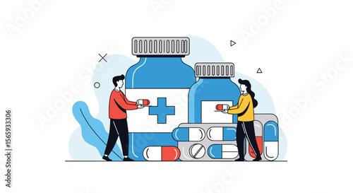 Two People Interacting with Various Pharmaceutical Products Including Large Bottles of Medicine and Packs of Pills