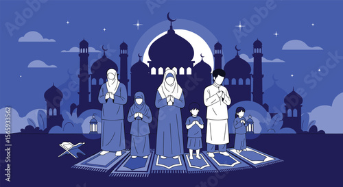 Family Praying Together During Ramadan Under the Moonlight and Mosque Silhouette