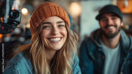 Two hipster friends smiling in a studio, enjoying each other's company while capturing a fun moment in a creative setting, Generative AI