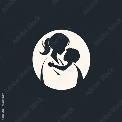 A tender silhouette captures a mother's embrace, her silhouette delicately cradling her child in a heartwarming display of affection. Embodying the gentle bond of parenthood. Logo design