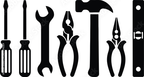 Screwdrive wrench a pair of plier a level a hammer