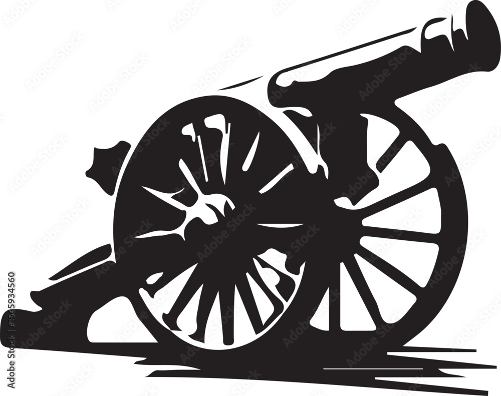 Fototapeta premium Vintage cannon silhouette illustration with detailed spoked wheels and historic artillery design
