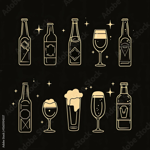 Golden Hour Beverages: A stylish collection of beer bottles and glasses, depicted in elegant gold line art against a sophisticated black background.