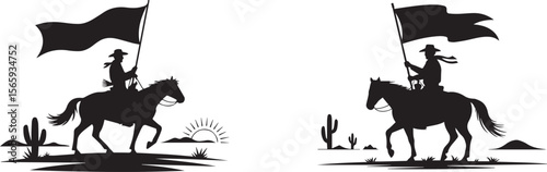 Collection set of Cowboy on Horse Silhouette Holding Flag in Desert Landscape with Cactus vector silhouette