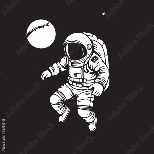 Hand drawn astronaut vector design concept black and white illustration.