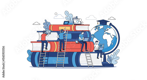Visualizing the Vast World of Knowledge Through Stacked Books and Educational Symbols