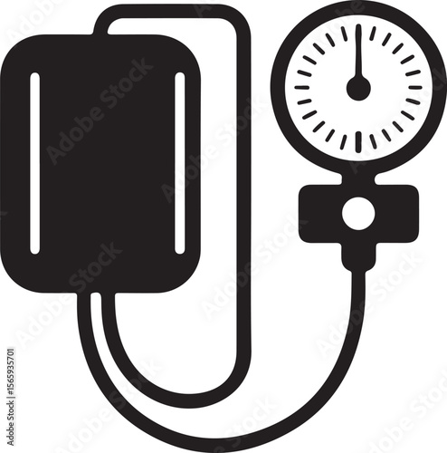  Classic blood pressure monitor silhouette icon with cuff and analog gauge in black vector design