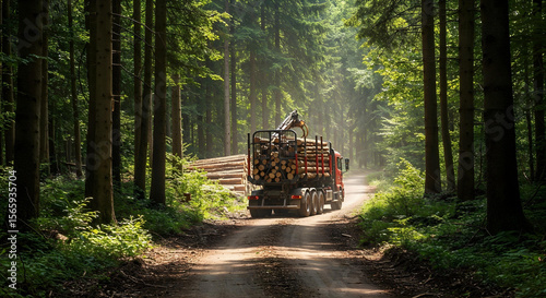 Wallpaper Mural Loaded logging truck on a dirt road in dense green forest with stacked logs.	 Torontodigital.ca