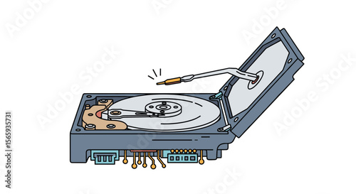 Close up view of a damaged computer hard drive platter and read write head assembly revealing internal components and circuitry