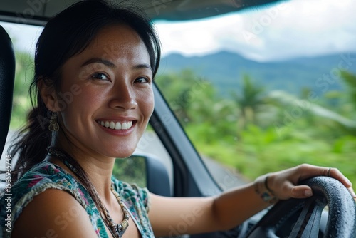 Happy Asian woman driving to her vacation destination, excited and full of anticipation for her upcoming journey, Generative AI