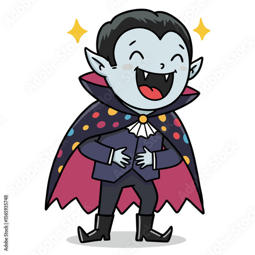 Black-and-white line art of a cheerful cartoon vampire with pointed ears, fangs, and a wide smile, dressed in a polka-dot cape and frilly shirt—bursting with playful Halloween charm.