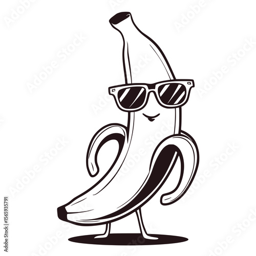 Cartoon Banana Character Wearing Sunglasses Vector, Funny and adorable cartoon banana illustration with sunglasses, perfect for playful tropical themes, summer branding, and food designs.

