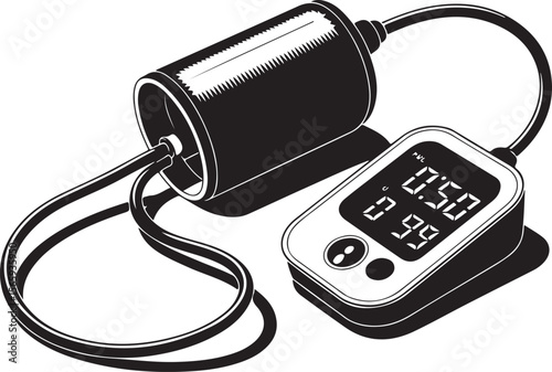Digital blood pressure monitor with arm cuff and LCD display in monochrome vector illustration