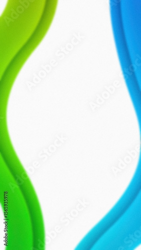 Abstract flowing green and blue waves against a textured white background