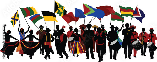 Vibrant celebration of African heritage, depicted by a jubilant crowd carrying colorful flags and playing lively music.