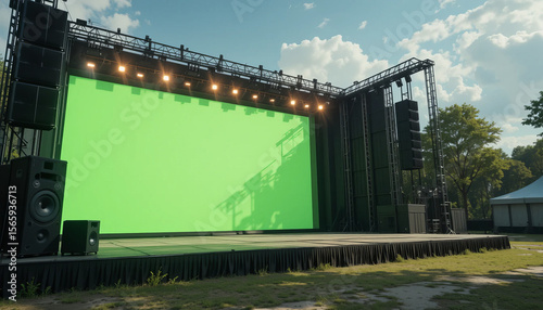 Outdoor stage with a green screen backdrop awaits a performance in a park setting