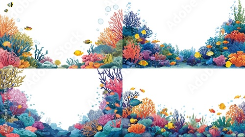 Fototapeta Naklejka Na Ścianę i Meble -  Four coral reef borders with vibrant fish and coral
