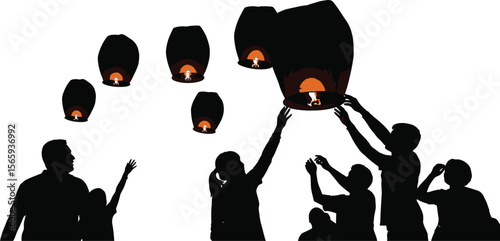 Silhouette of people releasing sky lanterns during a festival celebration, filled with hope and tradition.