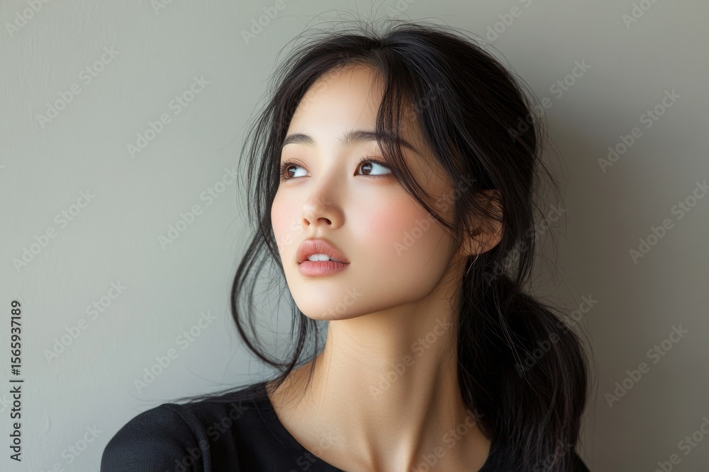 Portrait of an Asian young woman questioning and looking away, expressing curiosity or contemplation, isolated against a neutral background, Generative AI Portrait of an Asian young woman questioning and looking away, expressing curiosity or contemplation, isolated against a neutral background, Generative AI