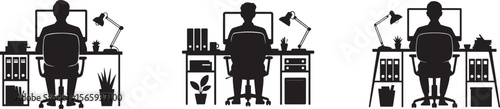 Collection set of Office Desk Silhouette with Person Working on Computer in Workspace Setup vector silhouette
