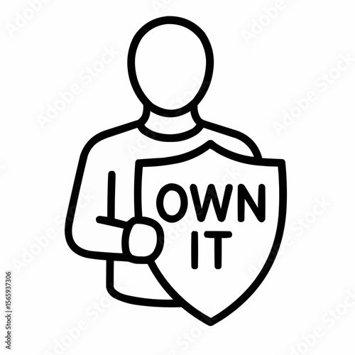 Person holding a shield with 'Own It' engraved. Clean black outline showing personal accountability.